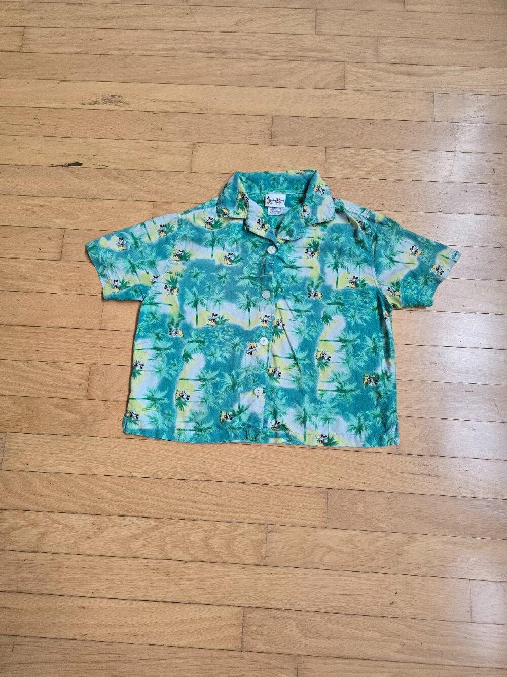 Vintage Y2K Walt Disney World Mickey Mouse Hula Green Silk Hawaiian Shirt WMS L